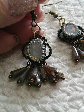 Gorgeous BEADED OPALITE & SILVER CRYSTALS Handmade Antique Bronze Earrings 546E